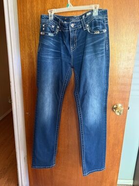 Miss Me Women’s Dark Blue Straight Jeans with Contrast Stitching